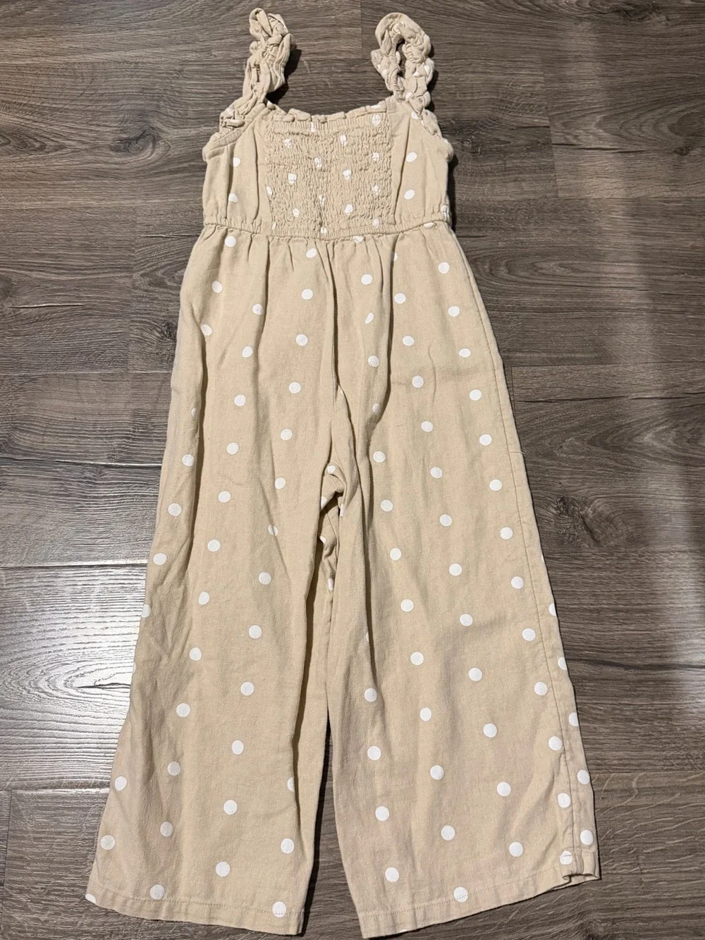 Girls 6/7 Beige Polka Dot Wide-Leg Jumpsuit Linen & Rayon